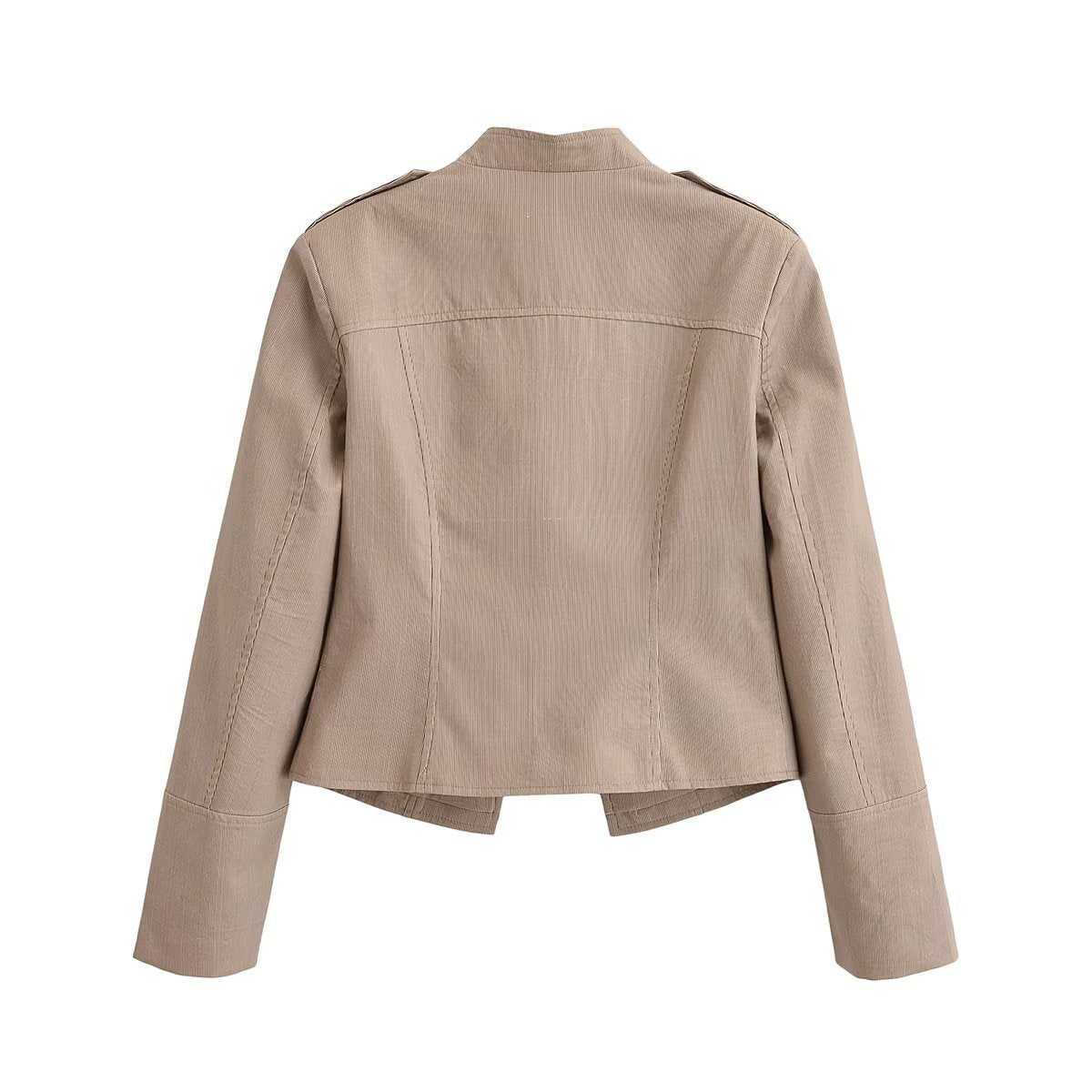 Women's military-inspired fitted short jacket with stand-up collar and decorative button placket Fashion Glam