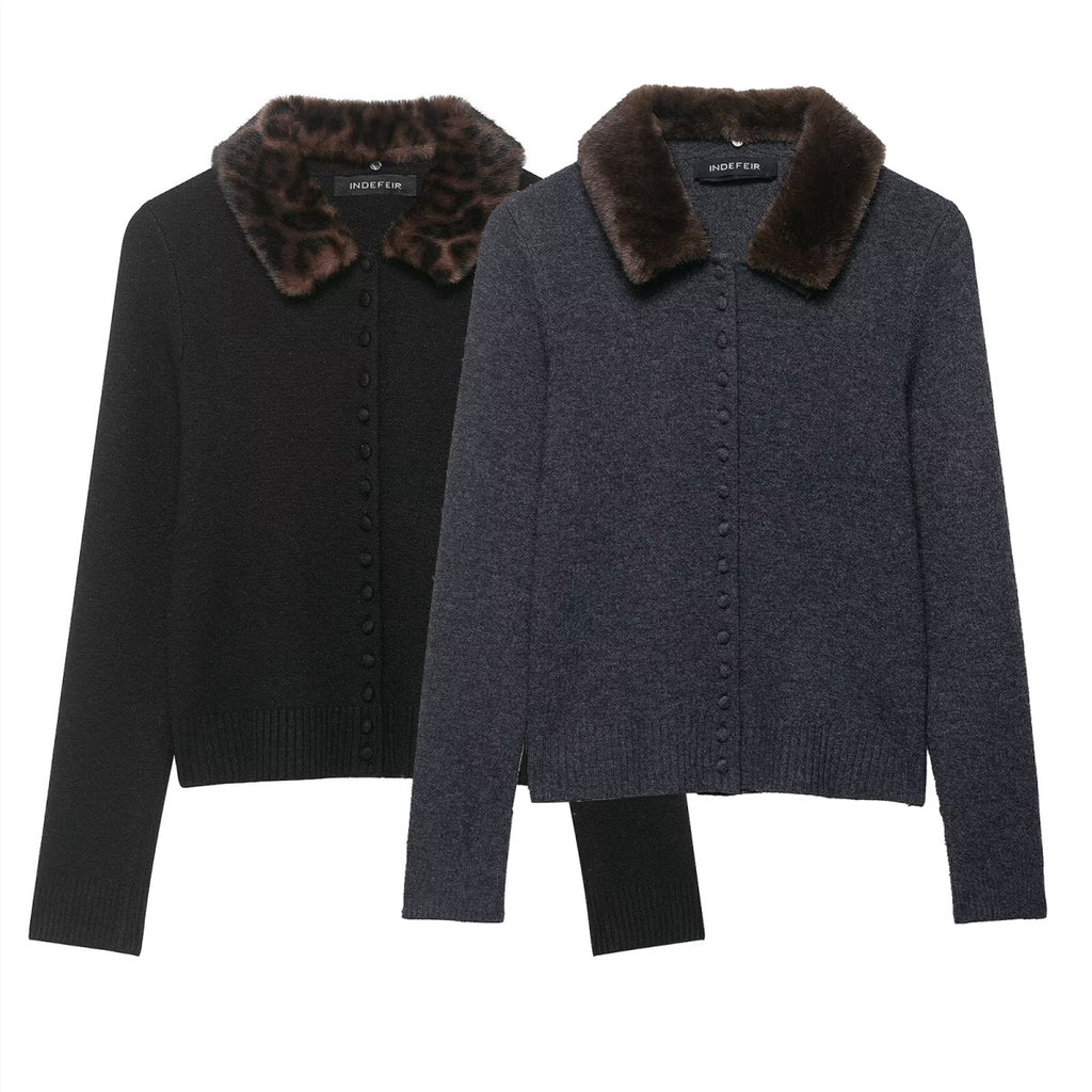 Women's fine-knit cardigan with faux fur collar and concealed button placket Fashion Glam