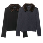 Women's fine-knit cardigan with faux fur collar and concealed button placket Fashion Glam
