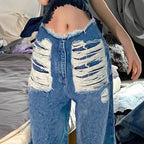 Women's high-cut wide denim jeans with heavily distressed front and raw waistband Fashion Glam