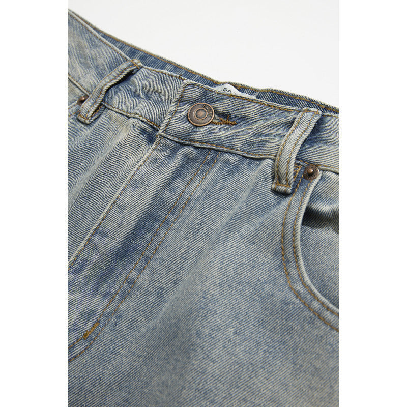 Men's Wide-Leg Denim Pants with High Waist, Vintage Wash and Five-Pocket Details Fashion Glam