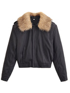 Ladies Short Bomber Jacket with Removable Faux Fur Collar Fashion Glam