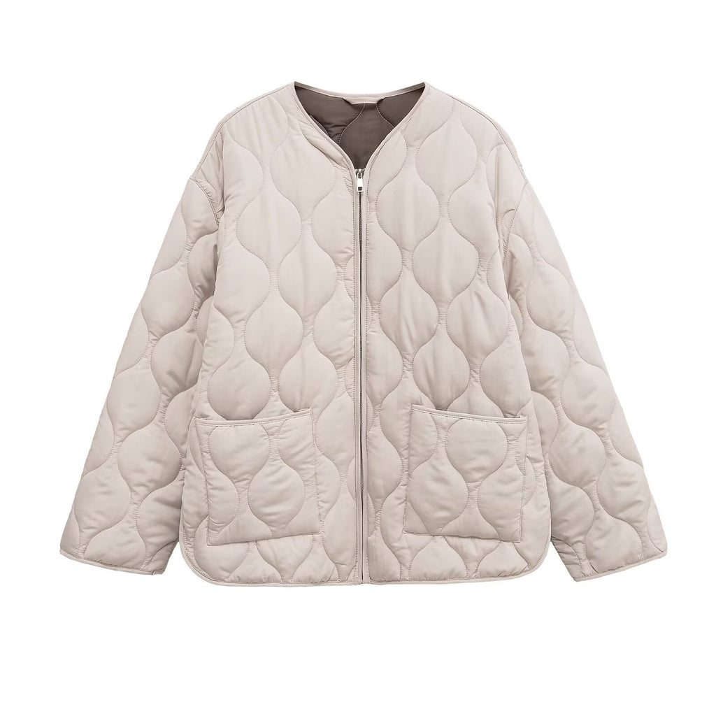 Women's quilted jacket with round quilting, button placket and V-neck Fashion Glam