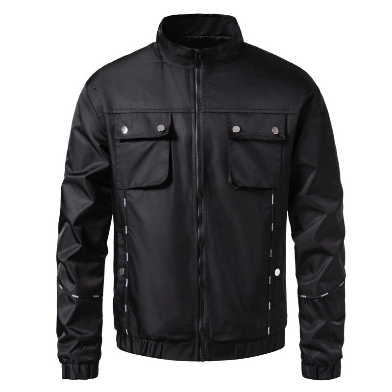 Men's Lightweight Utility Bomber Jacket with Flap Pockets, Stand-Up Collar, and Elastic Hem Fashion Glam