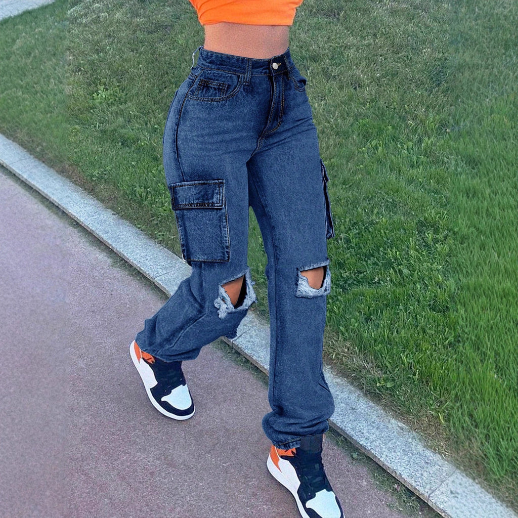 Ladies High-Waist Cargo Jeans with straight leg, knee rips and side flap pocket Fashion Glam