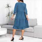 Women's tiered ruffle denim midi dress with elbow-length sleeves and gathered empire waist Fashion Glam