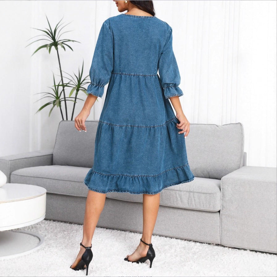 Women's tiered ruffle denim midi dress with elbow-length sleeves and gathered empire waist Fashion Glam