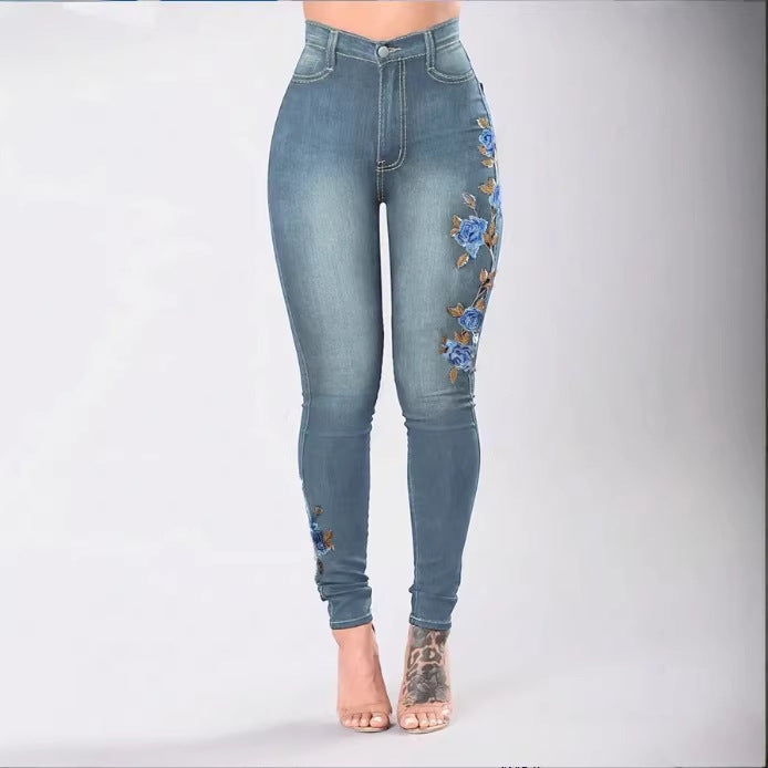 Women High-Waisted Sculpting Skinny Jeans with Side Floral Embroidery Fashion Glam