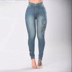 Women High-Waisted Sculpting Skinny Jeans with Side Floral Embroidery Fashion Glam