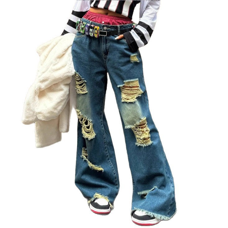 Women's wide Destroyed-Denim-Jeans with Neon Fringe Application Fashion Glam