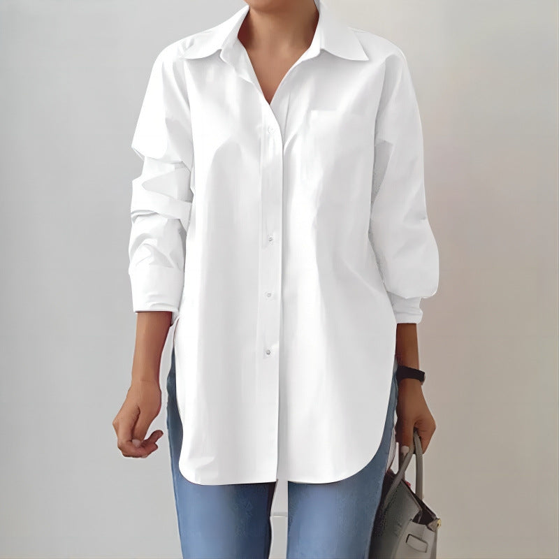 Women's Oversized Shirt Blouse with Extended Hem and Side Slits Fashion Glam