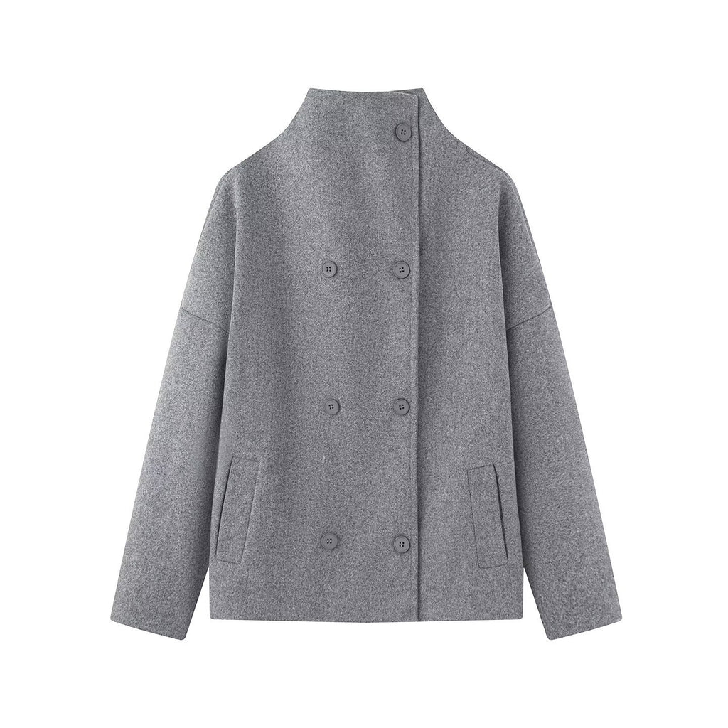 Women Short Cut Double Breasted Wool Blend Cocoon Coat with Stand-up Collar Fashion Glam