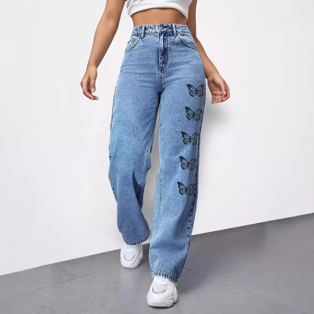 Ladies High-Waist Loose-Fit Denim Pants with Side Butterfly Print Fashion Glam