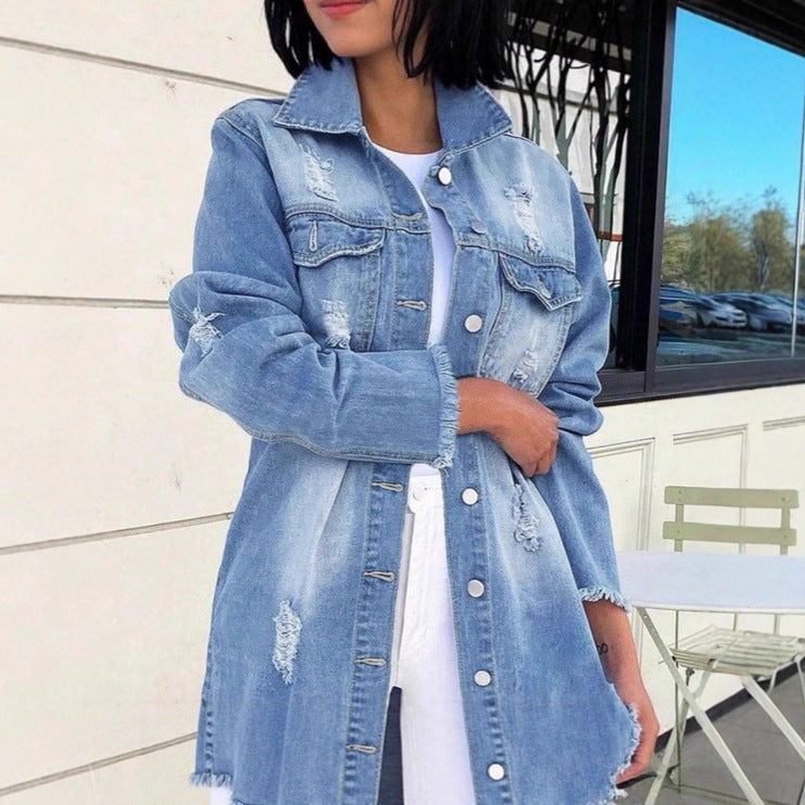 Women's Oversized Denim Jacket with Destroyed Details, Longer Cut and Frayed Hem Fashion Glam