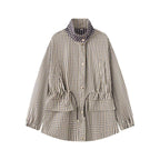Women Checked Oversize Parka Jacket with Drawstring and Stand-up Collar Fashion Glam