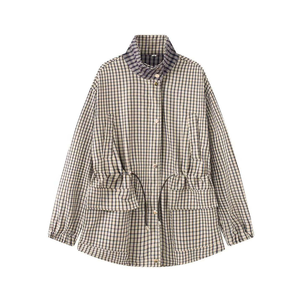 Women Checked Oversize Parka Jacket with Drawstring and Stand-up Collar Fashion Glam