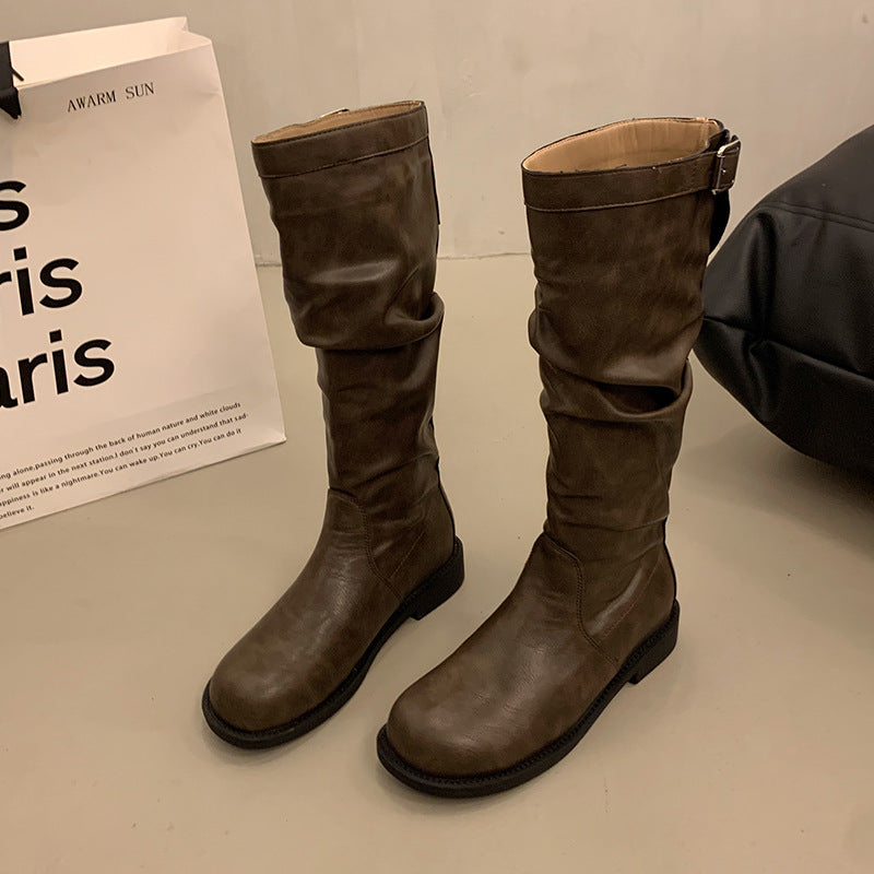 Women's suede knee-high boots with gathered shaft and adjustable buckle tab Fashion Glam