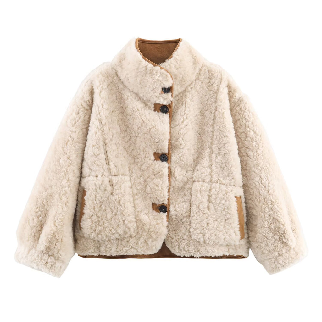 Women's Short Lambskin Imitation Jacket in Boxy Cut with Stand-Up Collar and Large Outer Pockets Fashion Glam