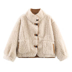 Women's Short Lambskin Imitation Jacket in Boxy Cut with Stand-Up Collar and Large Outer Pockets Fashion Glam