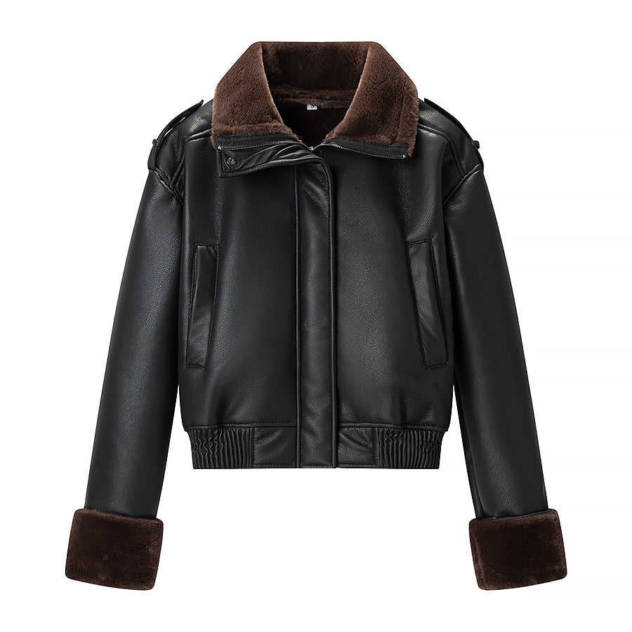 Women short-cut pilot jacket made of leather look with soft fur collar Fashion Glam