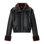 Women short-cut pilot jacket made of leather look with soft fur collar Fashion Glam
