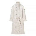 Women Longer double-breasted trench coat with high stand-up collar and waist belt Fashion Glam