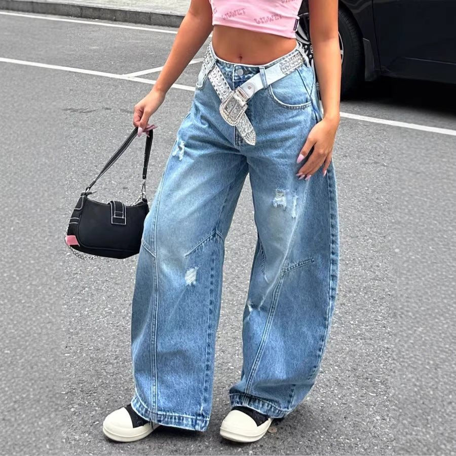 Women's Baggy Denim Pants with distinctive seam panels and extra wide Wide-Leg Fashion Glam