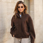Women’s short jacket made of wool blend in utility look with stand-up collar, flap pockets, and elastic hem Fashion Glam