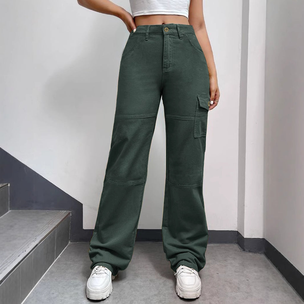 Women's High-Waisted Cargo Palazzo Pants with Seam Segments and Side Flap Pocket Fashion Glam