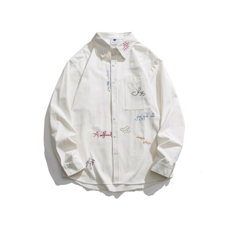 Men's Loose Button-Down Shirt with Multicolored Embroidery and Chest Pocket Fashion Glam