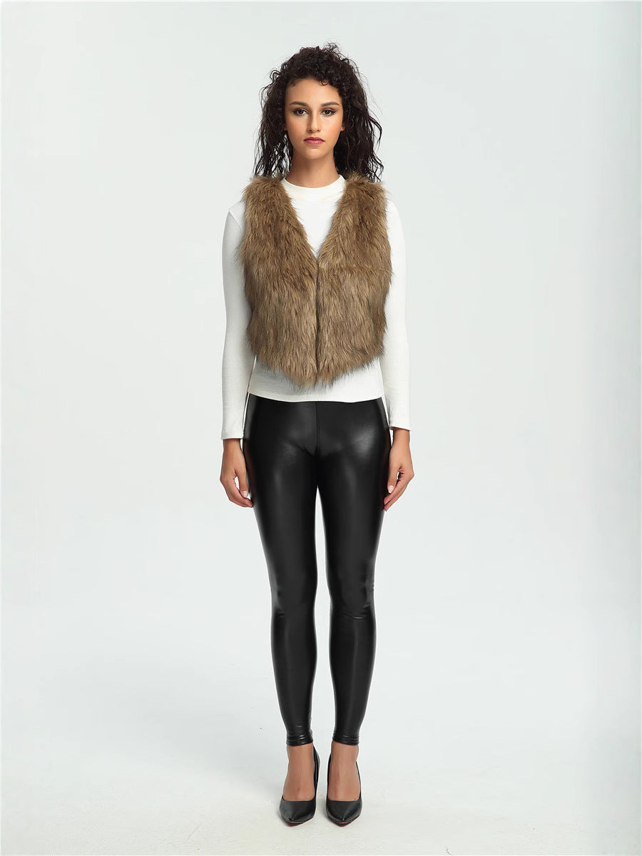 Women's Cropped Faux Fur Vest with Natural Shaggy Texture and V-Neck Fashion Glam
