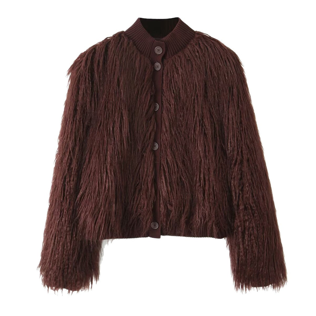 Women Short Cut Shaggy Faux Fur Cardigan with Ribbed Collar and Button Placket Fashion Glam