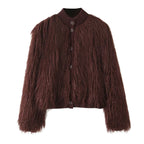 Women Short Cut Shaggy Faux Fur Cardigan with Ribbed Collar and Button Placket Fashion Glam