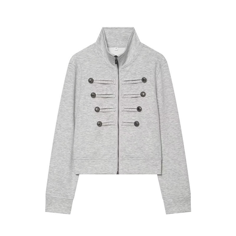 Women's Short Sweat Jacket in Military Style with Stand-Up Collar and Decorative Button Details Fashion Glam