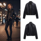 Ladies short cut faux leather bomber jacket with standing collar and zipper Fashion Glam