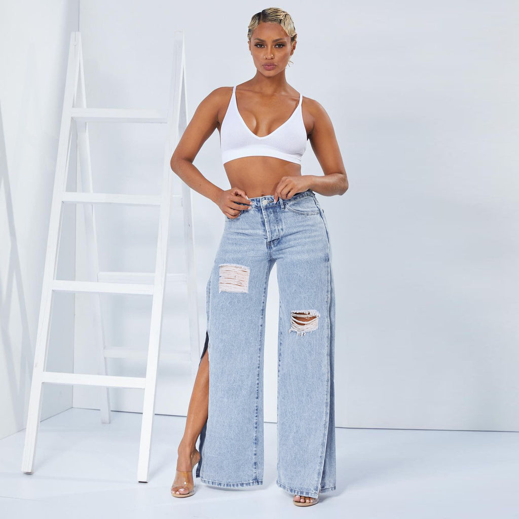 Women Wide High-Waist Denim Jeans with High Side Slits and Destroyed Details Fashion Glam
