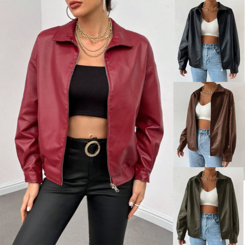 Women Oversized Faux Leather Blouson with Zipper and Shirt Collar Fashion Glam