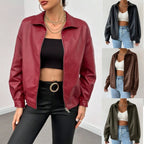 Women Oversized Faux Leather Blouson with Zipper and Shirt Collar Fashion Glam