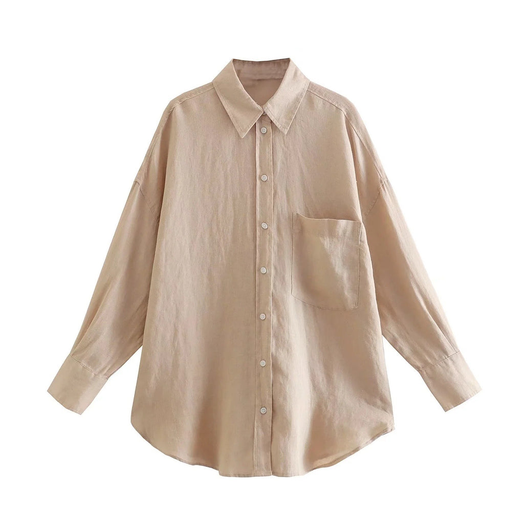Women's Oversized Shirt Blouse made of Linen Blend with Dropped Shoulder and Chest Pocket Fashion Glam