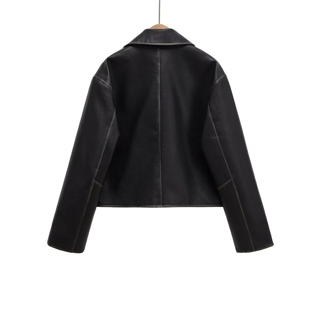 Women's Short Boxy Leather Look Jacket with Zip and Large Flap Pockets Fashion Glam