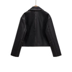 Women's Short Boxy Leather Look Jacket with Zip and Large Flap Pockets Fashion Glam