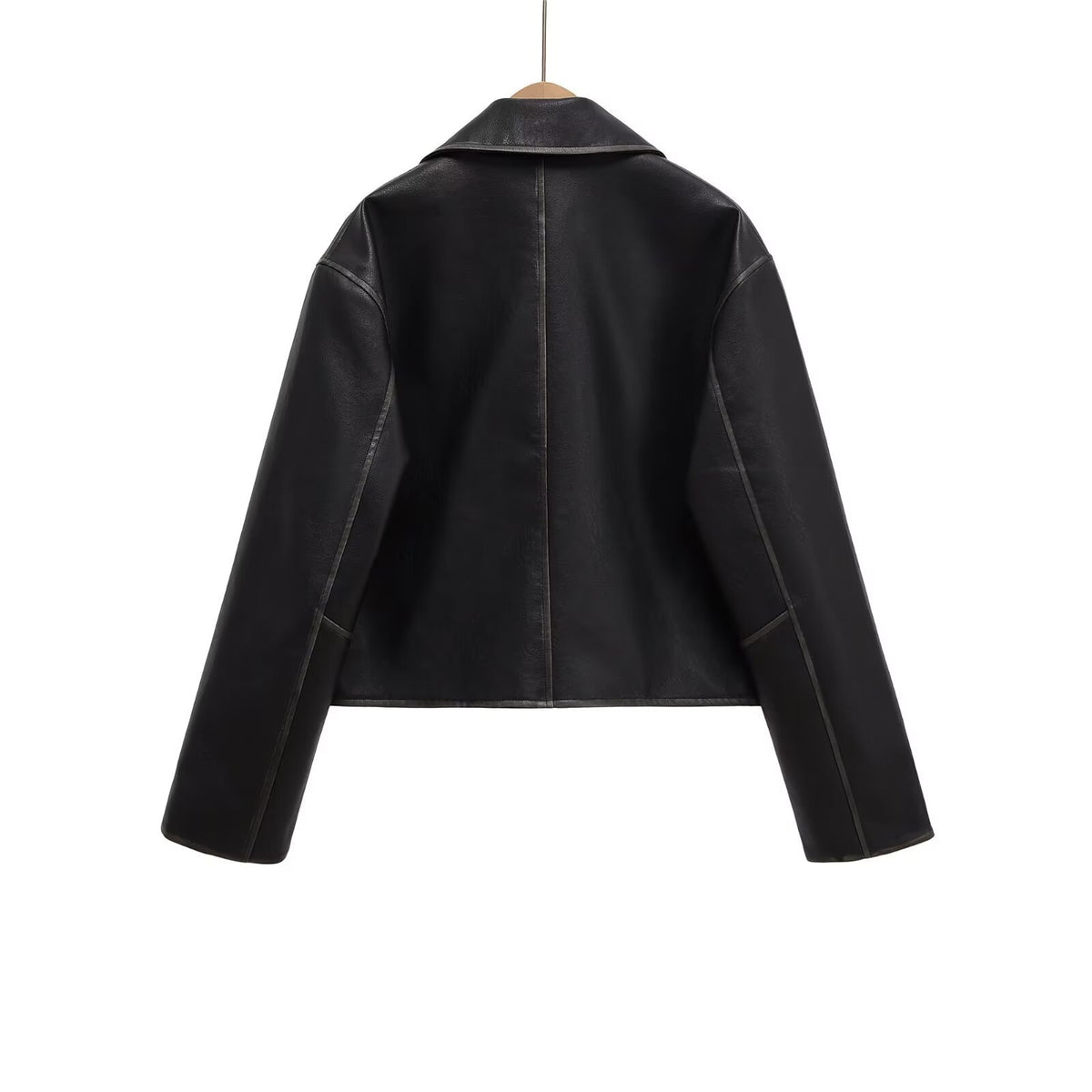 Women's Short Boxy Leather Look Jacket with Zip and Large Flap Pockets Fashion Glam