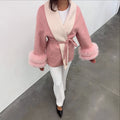 Women's short coat with shawl collar, tie belt and striking faux fur cuffs Fashion Glam