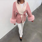 Women's short coat with shawl collar, tie belt and striking faux fur cuffs Fashion Glam