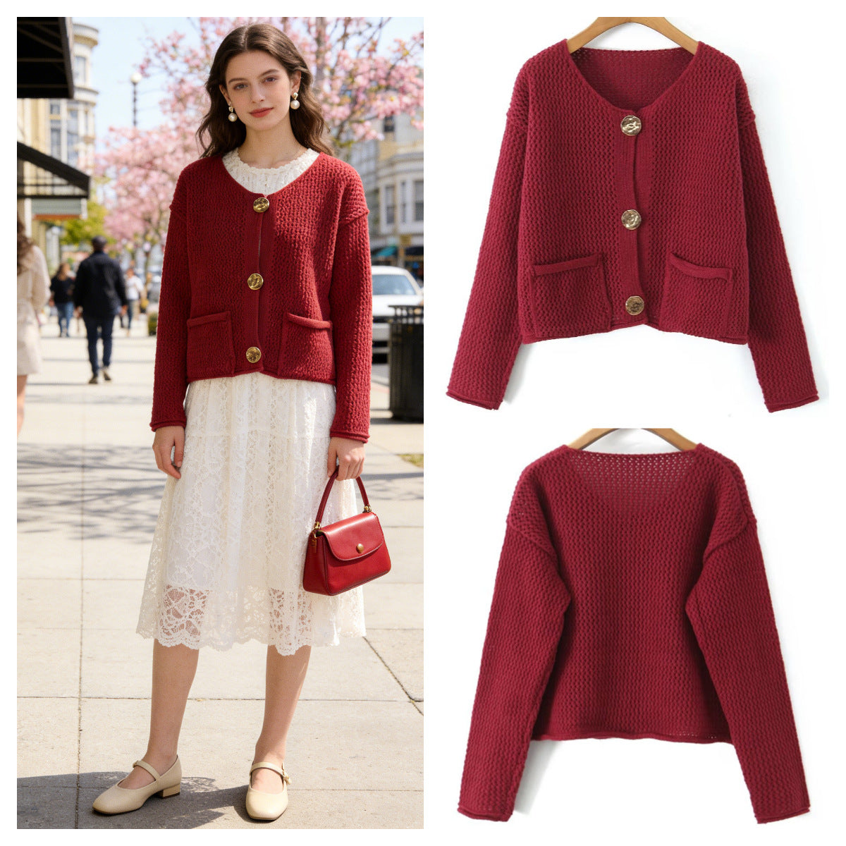 Ladies Light Open Hole Knit Cardigan with Decorative Buttons and Patch Pockets Fashion Glam