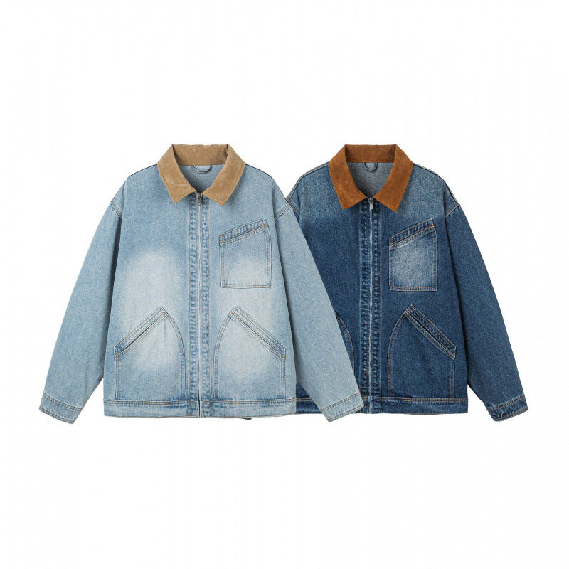 Men's Oversized Denim Jacket with Cord Collar and Diagonal Chest Pocket Detail Fashion Glam