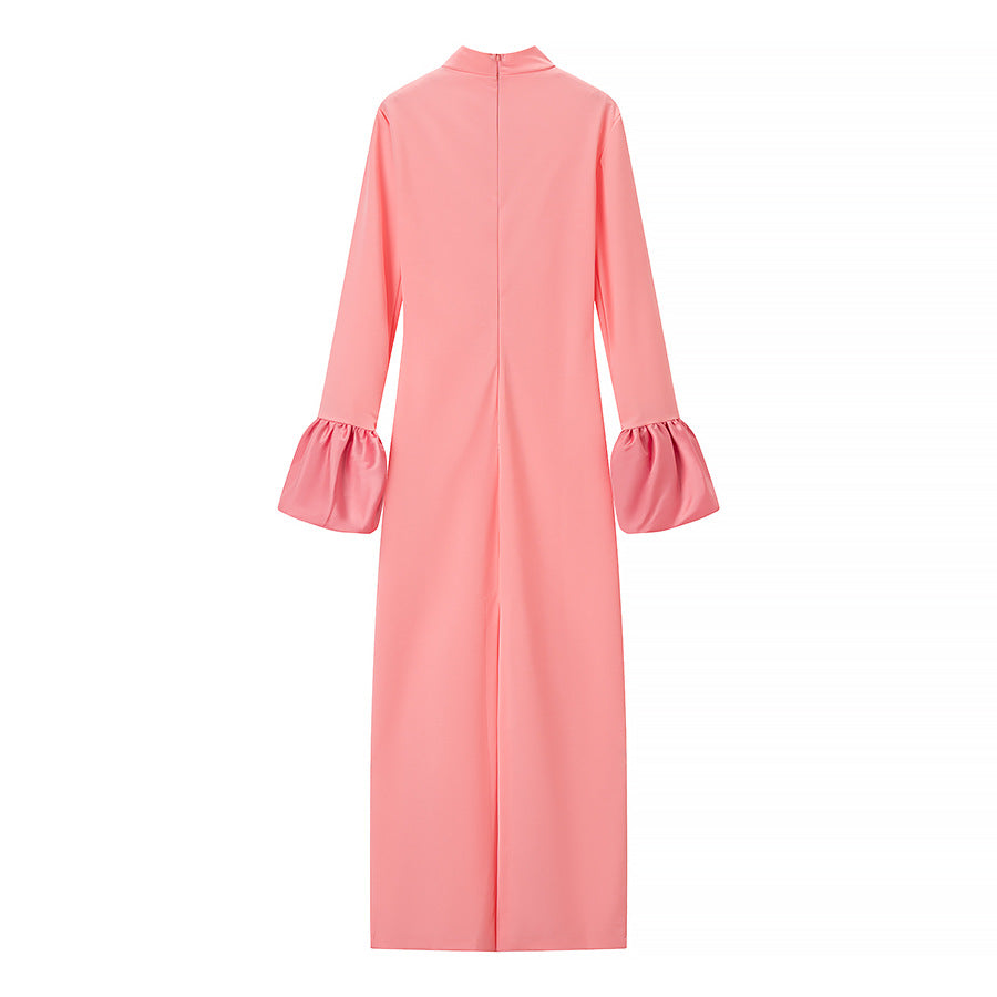 Women's Maxi Dress with Stand Collar and Ruffled Flounce Sleeves Fashion Glam