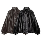 Women Oversized Leather-Like Cape with Stand Collar and Balloon Sleeves Fashion Glam