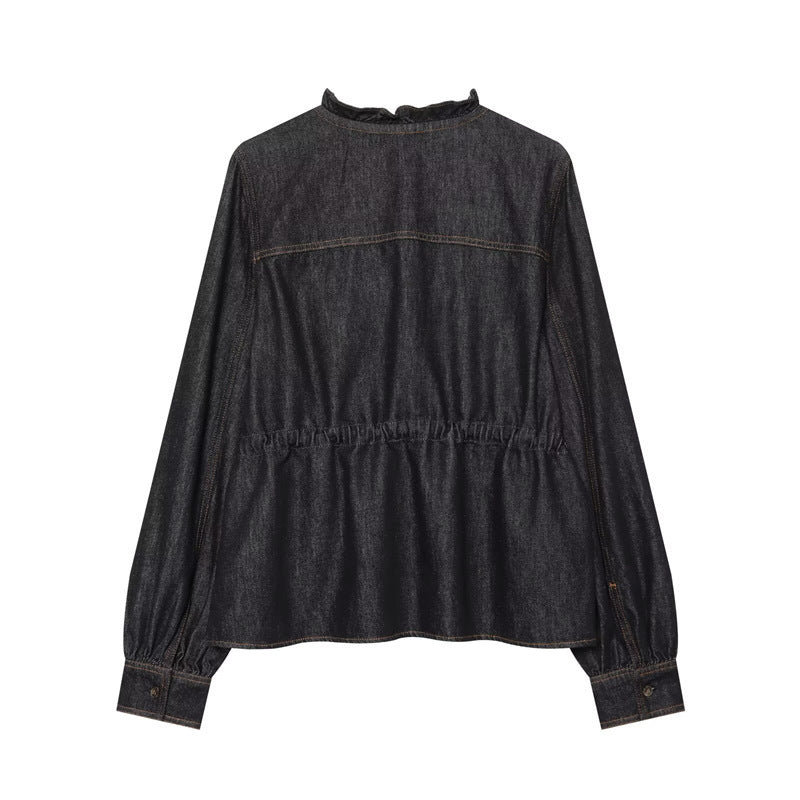 Women's tailored blouse jacket in denim look with ruffle collar and drawstring Fashion Glam