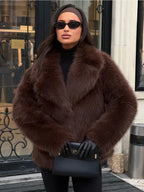 Ladies short coat made of luxurious high-pile faux fur with boxy silhouette and wide lapels Fashion Glam